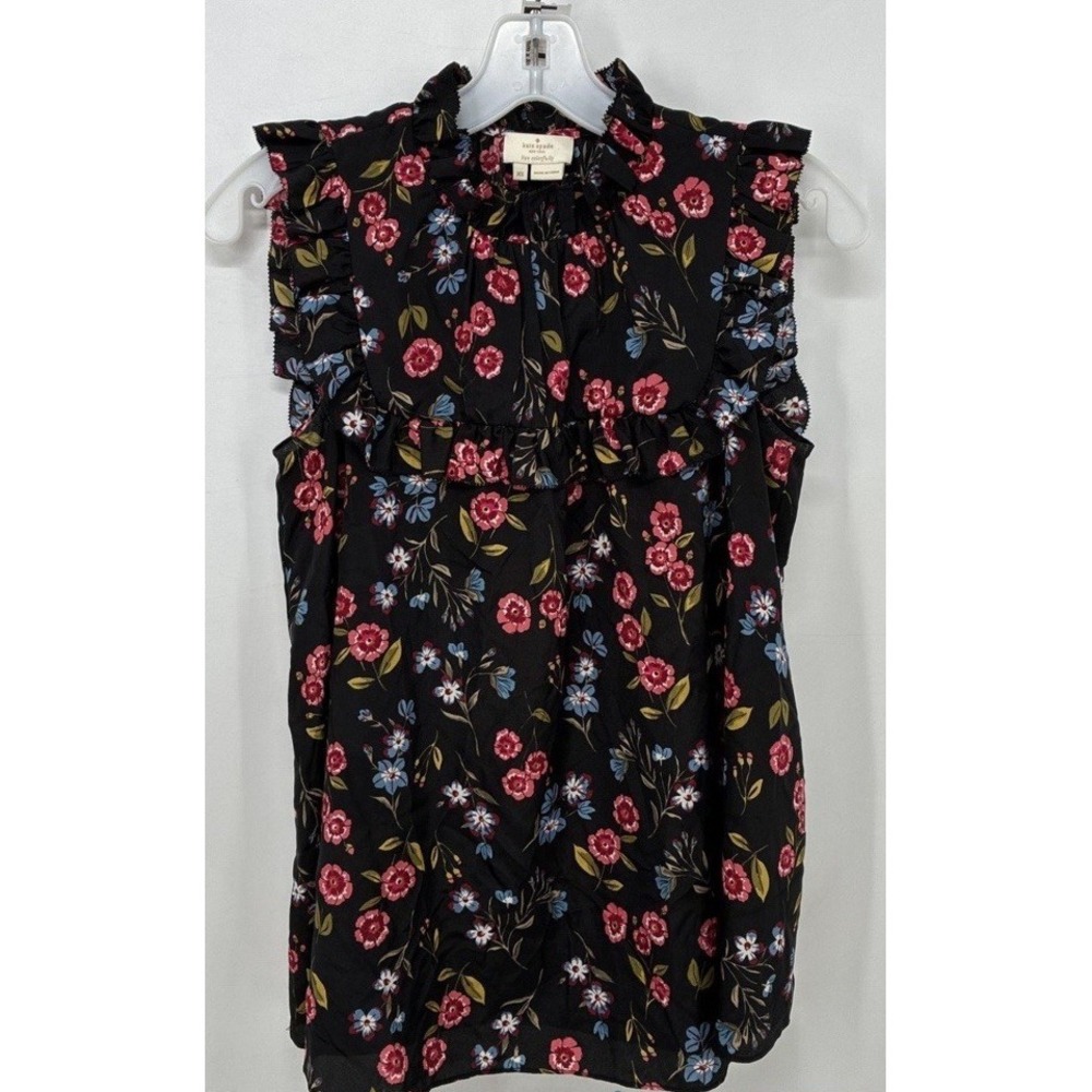 Kate Spade Black Floral Ruffle Sleeveless Blouse Sz XS Burton Up